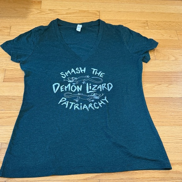 Bella Canvas Tops - Bella Canvas Teal Graphic V-Neck Tee - Smash the Demon Lizard Patriarchy